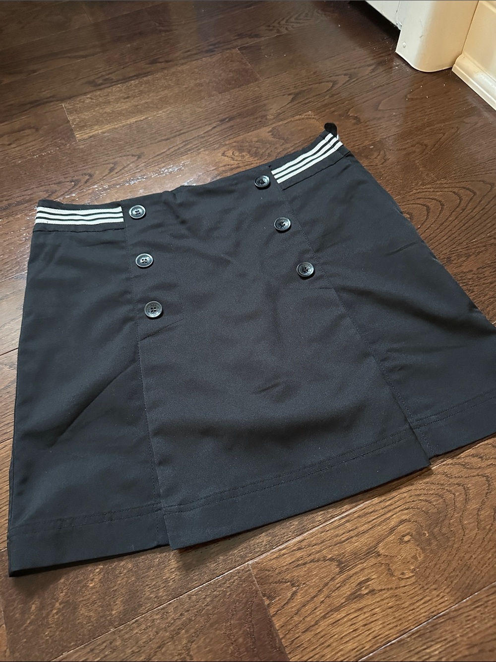Lija Black Mini Skirt with Striped Elastic Waist and Double-Row Buttons